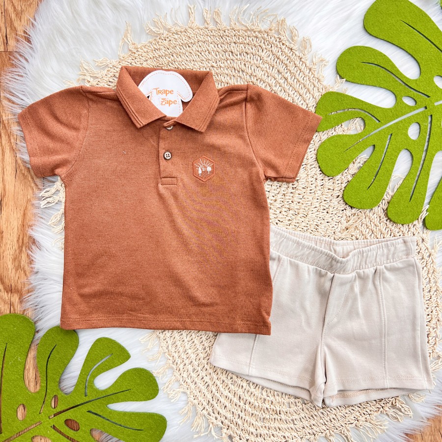 Conj. Camiseta Gola Polo e Bermuda em Moletinho - Ferrugem